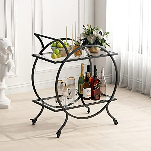 LORMITER Industrial Bar Carts for The Home Bar Serving Cart, Rolling Bar Cart Black with Lockable Caster Wheels, Glass Bar Carts with 2 Mirrored Shelves, Storage Wine Carts for Kitchen, Party | Amazon (US)