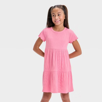 Girls' Short Sleeve Tiered Ribbed Dress - Cat & Jack™ Medium Pink S | Target