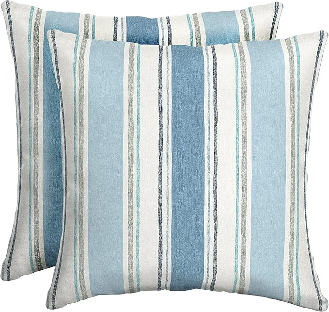 Arden Outdoor Toss Pillow, 2 Pack, 16 x 16, Rain-Proof, Fade Resistant French Blue Linen Stripe | Amazon (US)