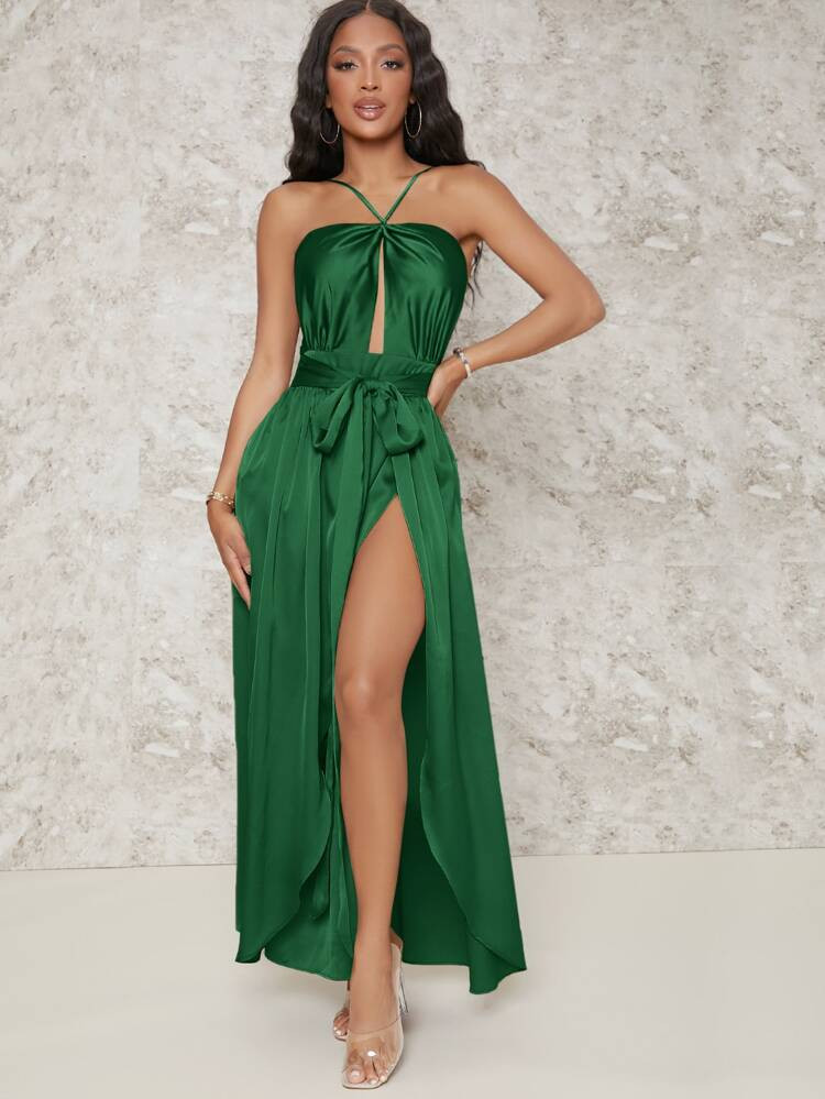 SHEIN BAE Self Belted High Split Satin Cami Dress | SHEIN