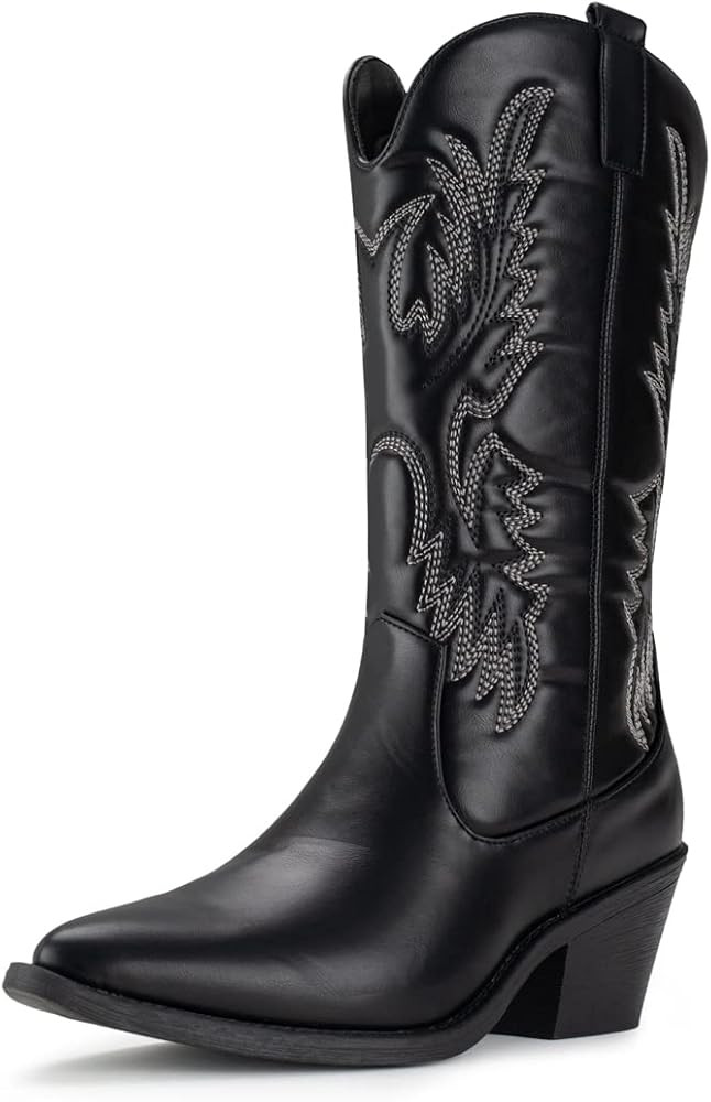 IUV Cowboy Boots For Women Cowgirl Western Boots Embroidered Classic Mid Calf Pointed Toe Chunky ... | Amazon (US)