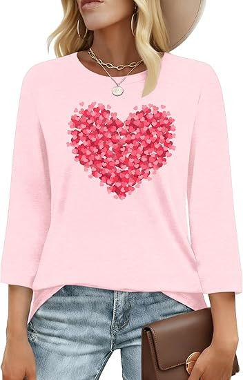 Valentines Shirts for Women: 3/4 Sleeve Heart Letter Print T-Shirt Casual Valentine Day Gift for ... | Amazon (US)
