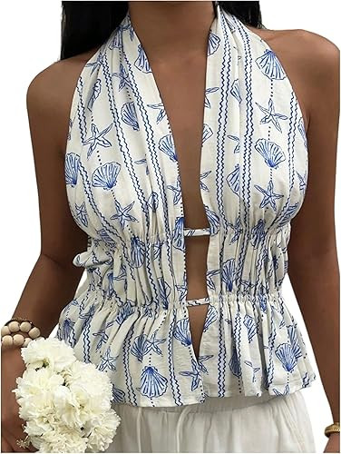 MakeMeChic Women's Starfish Print Halter Tops Open Back Ruffle Sleeveless Summer Tank | Amazon (US)