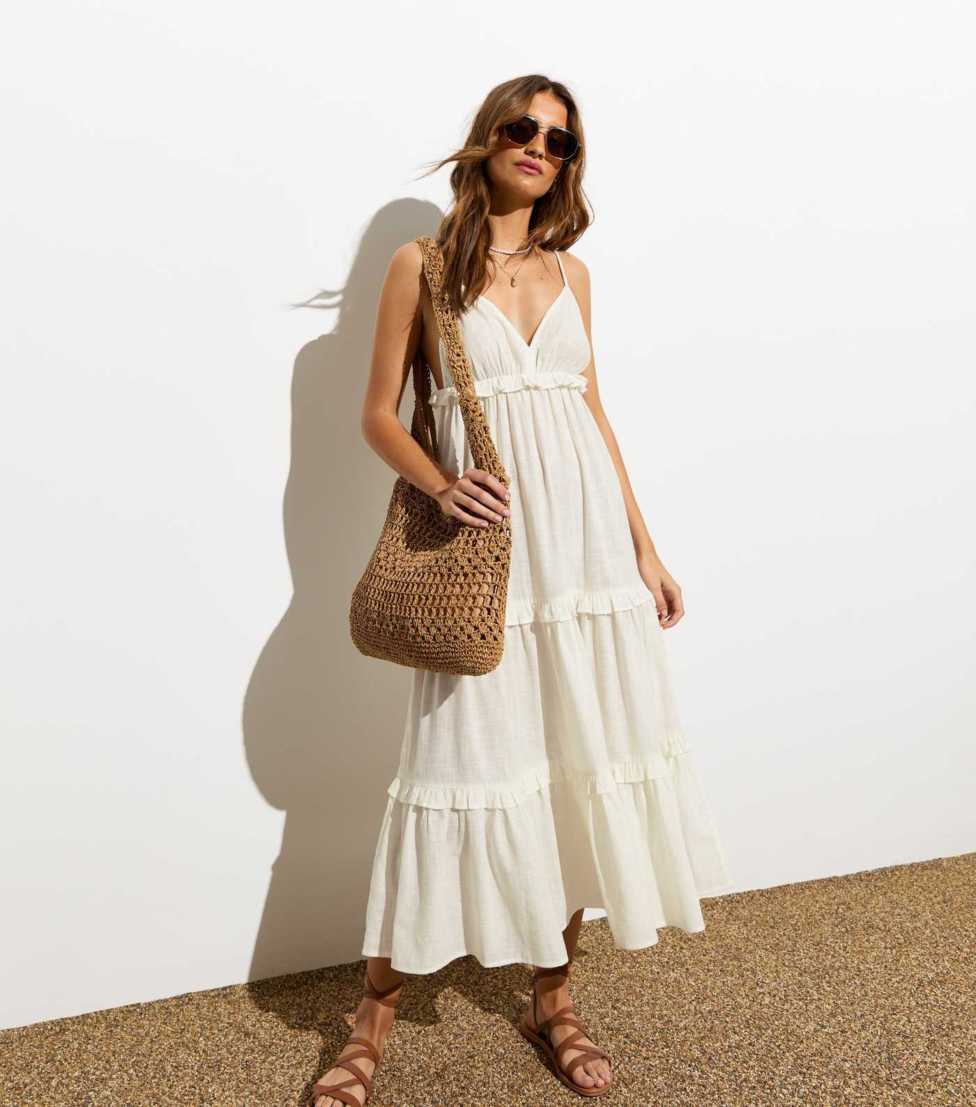 White Cotton Tiered Strappy Midi Dress | New Look | New Look (UK)