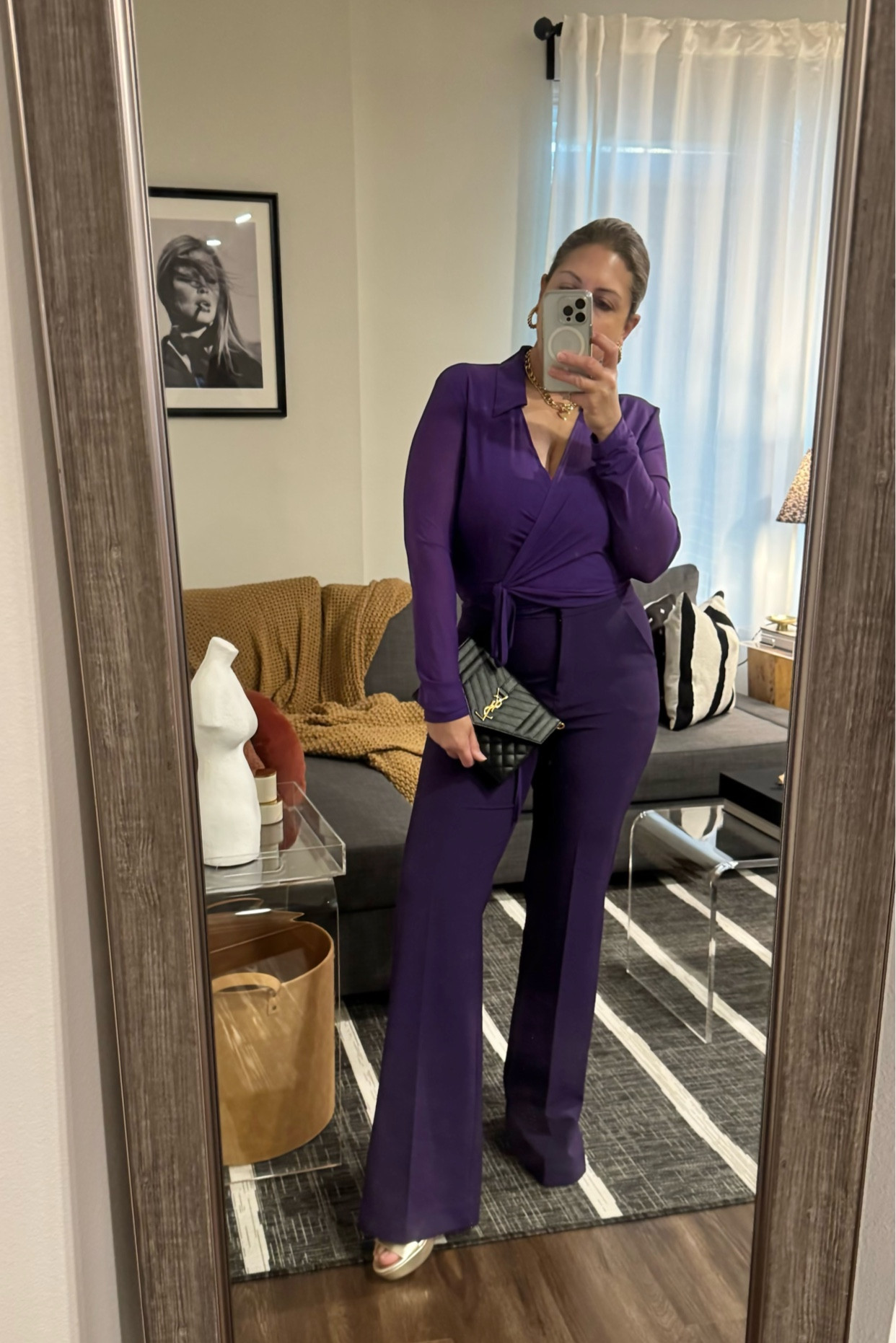 Purple rain☂️Trying on this set for a casual wedding. I will also post some other options I have, but I think these pants make me look taller… not to mention that this color is my favorite hue of purple! 
The shoes are super comfy platforms. Linking everything I can find or a similar option! #purple #ysl #saintlaurent #yslclutch #dolcevita #aerosoles #platforms #heels #sandals #goldplatforms #goldshoes #jewelry #gold #trousers #bootcut #long #legs #mango #express #editorpants #mirandafrye #wedding #cocktail #party

#LTKParties #LTKItBag #LTKShoeCrush