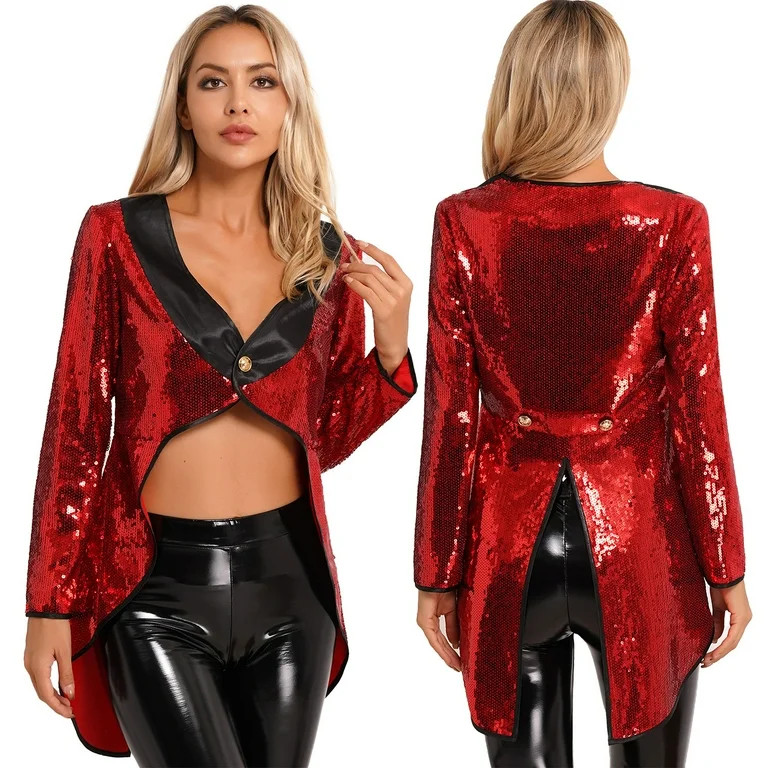 iiniim Women's Sequin Ringmaster Cosplay Circus Show Blazer Jacket Uniform Victorian Tailcoat Red... | Walmart (US)