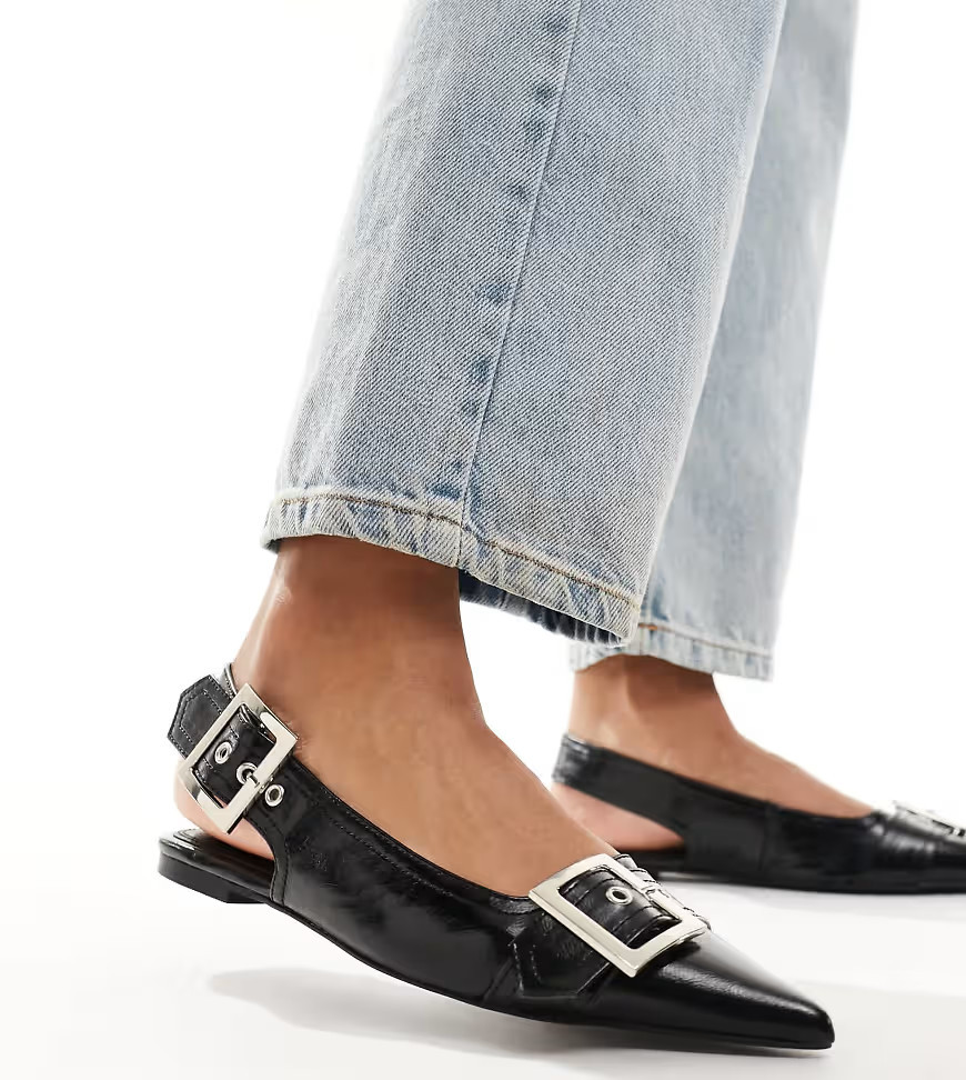 ASOS DESIGN Wide Fit Legion buckle ballet flats in black | ASOS (Global)