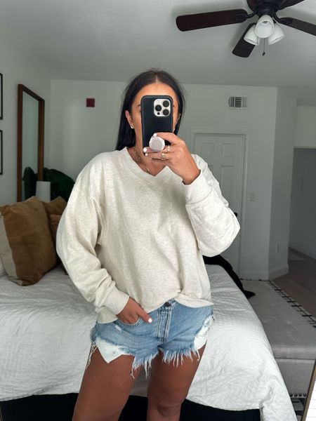 Women's French Terry Oversized Lounge Sweatshirt - Colsie™ Oatmeal wearing size small $25. Levi's® Women's 501™ Original High-Rise Jean Shorts wearing size 29 $49.
 Perfect outfit for summer nights, lounging around, and casual cozy outfits. 
