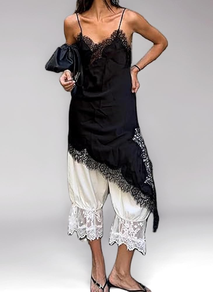 Women Satin Long Lace Cami Top Y2K Silk Spaghetti Strap Side Split Asymmetrical Tank Tops Dress F... | Amazon (UK)
