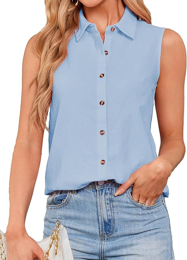 Womens Sleeveless Button Down Shirts Cotton Linen Blouses Solid Color V Neck Casual Work Tank Top... | Amazon (US)