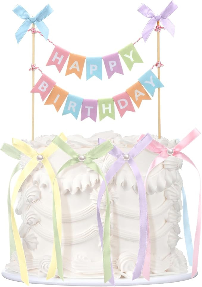 Honeydak 11 Pcs Pastel Bow Ribbon Cake Topper Happy Birthday Cake Bunting Topper with Wood Pole H... | Amazon (US)