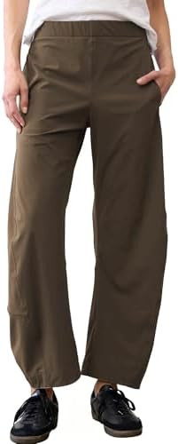 Women Barrel Travel Pants Elastic Waistband Tapered Leg Baggy Mid Rise Work Trousers Lounge Pant ... | Amazon (US)