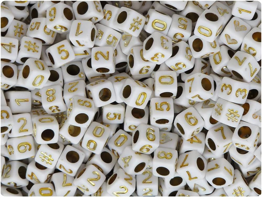 BeadTin White Opaque 6mm Cube Plastic Alpha Beads - Gold Number Mix (200pcs) | Amazon (US)