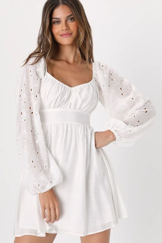 Simple Sweetheart White Eyelet Balloon Sleeve Mini Dress | Lulus