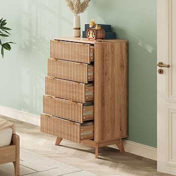 43" Hight Fluted 5 Drawers Dresser for Bedroom,Curved Edge,Oak | Amazon (US)