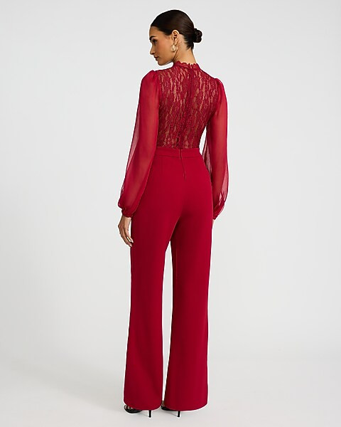 Lace Mock Neck Long Sleeve Wide Leg Jumpsuit | Express
