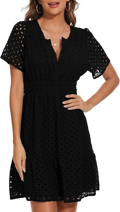Women Summer Eyelet Lace Dress Casual V Neck Mini A Line Hollow Out Embroidered Formal Dress Sund... | Amazon (US)