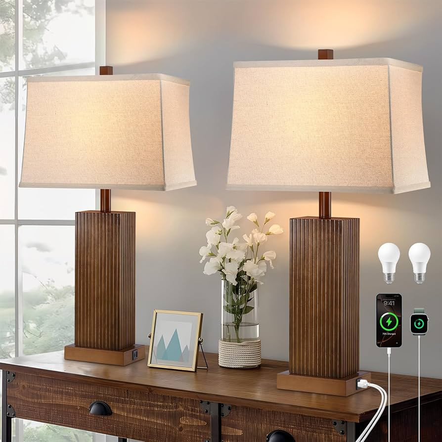 Lovlast 27.5" Wood Table Lamps Set of 2, Modern Farmhouse Bedroom Lamp for Nightstand with USB Ch... | Amazon (US)