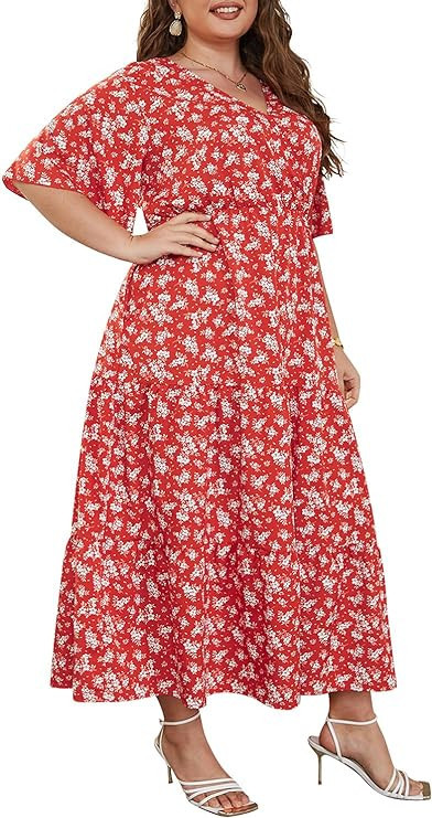 Keluummi Wedding Guest Dresses for Women, Summer Casual Boho Floral Maxi Dress, V Neck, 3/4 Sleev... | Amazon (US)