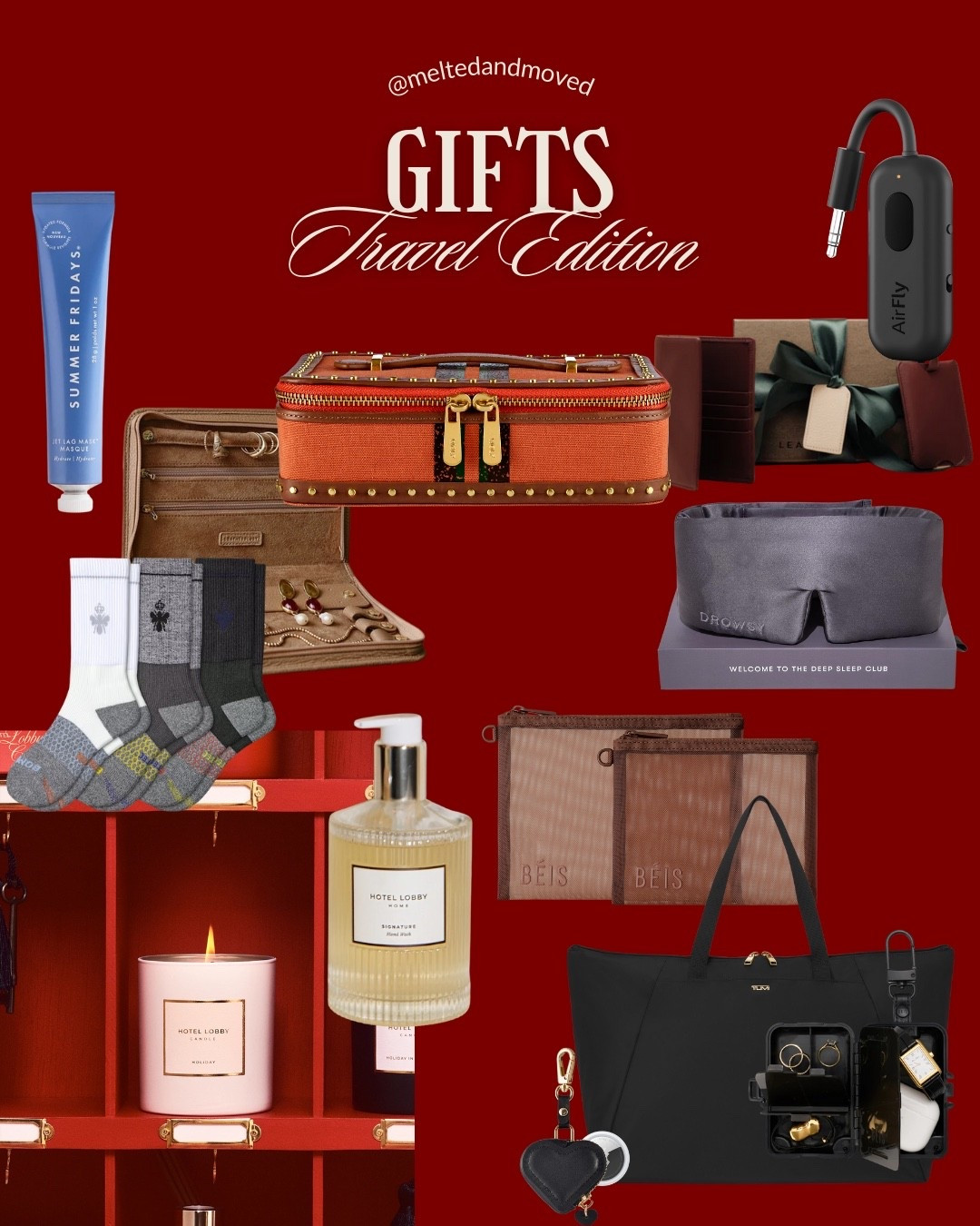 GIFTS: Travel Edition ✈️
For the friend whose carry-on is curated, whose airport routine rivals her skincare routine, and who treats boarding like a competitive sport.
* Summer Fridays Jet Lag Mask – because recycled airplane air.
* Compression socks – chic now, lifesaving later (your future self at baggage claim will thank you).
* Leather passport holder – a small flex every time you step into Global Entry.
Add a great tote, a sleep mask that actually works, and something that smells like a five-star lobby… and suddenly, even a red-eye feels intentional.


#LTKholiday #LTKtravel #giftguideforher #travelessentials #summerfridays #leatherpassportholder #compressionsocks #carryonedit #Beis #hotellobby #tumi 