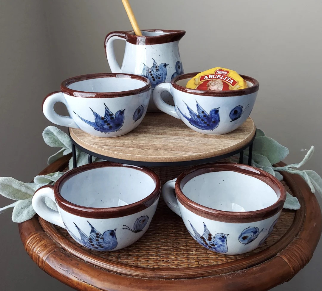 VTG Tonala Cups and Creamer in Blue Bird Pattern - Made in Mexico, Signed - Set of Four Cups w/On... | Etsy (US)
