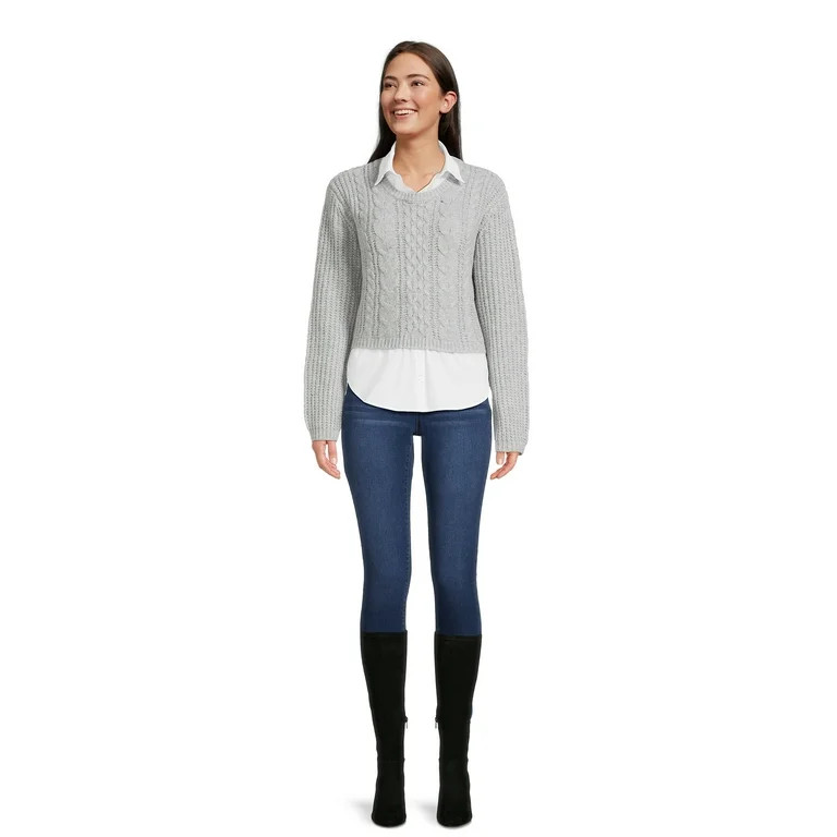 No Boundaries Juniors Cropped Cable Knit Sweater Twofer | Walmart (US)