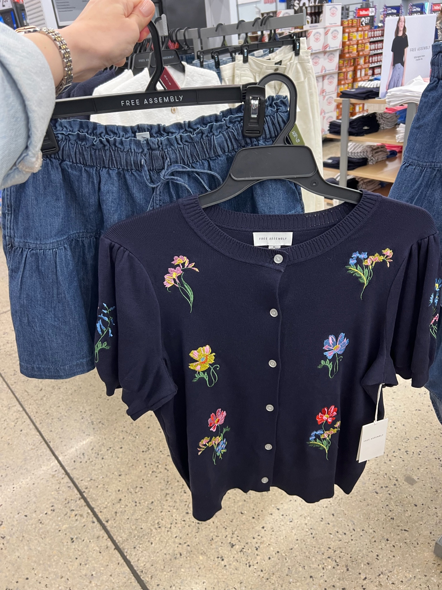 Lovely short sleeve cardigan sweater with floral embroidery and denim skort at Walmart spring summer outfit idea #walmartfashion