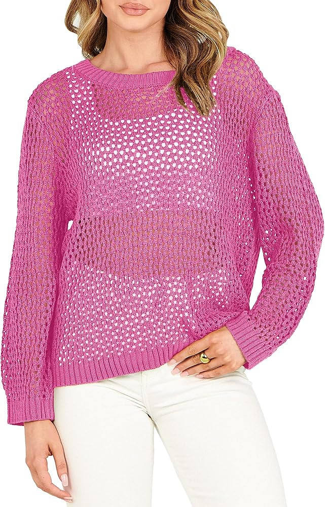 ANRABESS Women's Crochet Cover Up Shirt Hollow Out Long Sleeve Beach Swimwaer Mesh Pullover Top 2023 | Amazon (US)