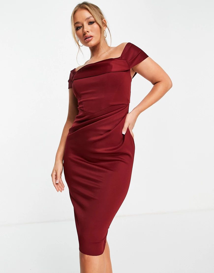 ASOS DESIGN drape bardot corset pencil midi dress in wine-Red | ASOS (Global)
