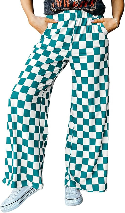 Acelitt Womens Casual Checkered Pants Elastic Waist Comfy Loose Wide Leg Pants with Pockets | Amazon (US)