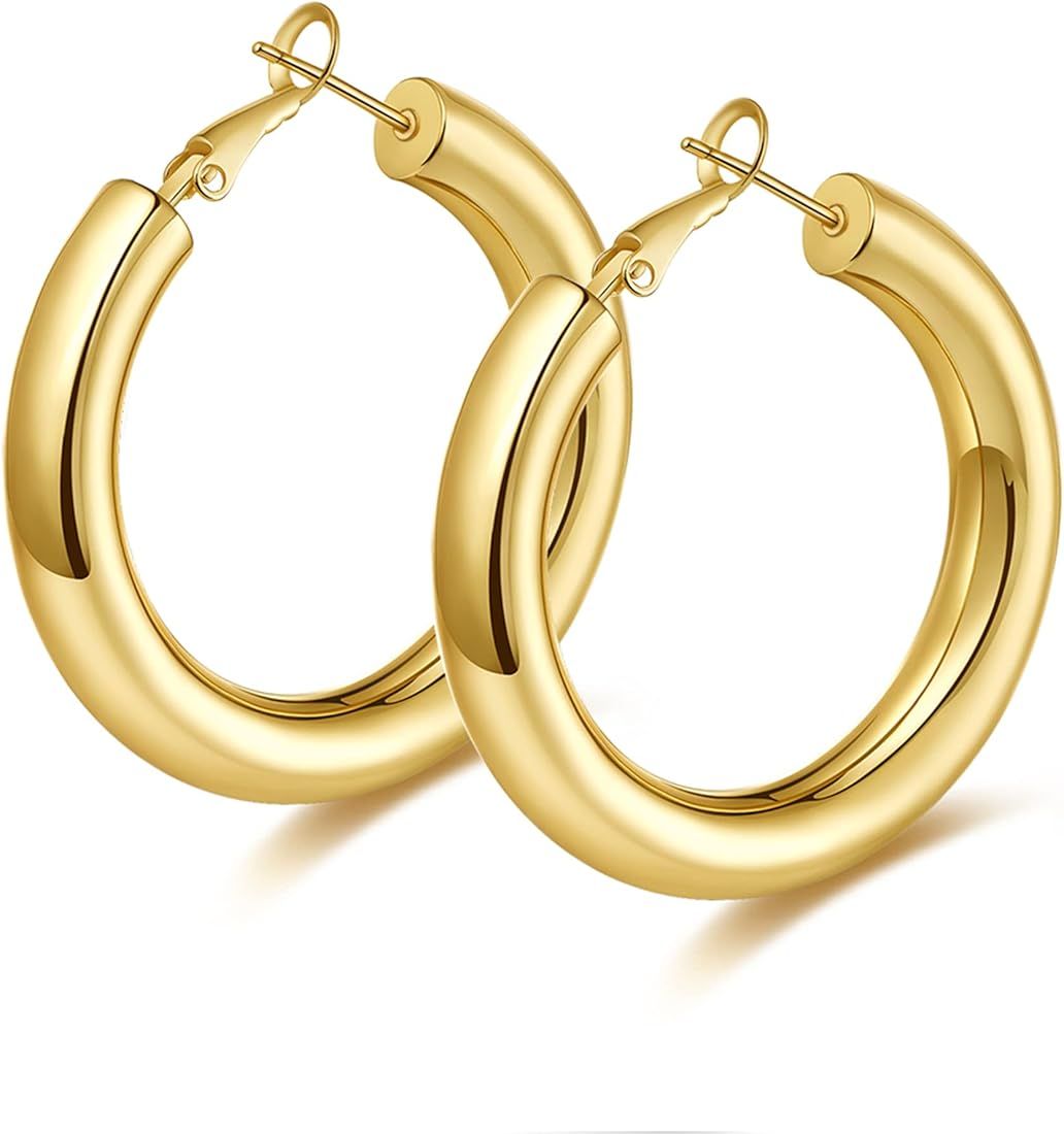 wowshow Thick Hoop Earrings Howllow 14K Gold Plated Gold Hoops for Women | Amazon (US)