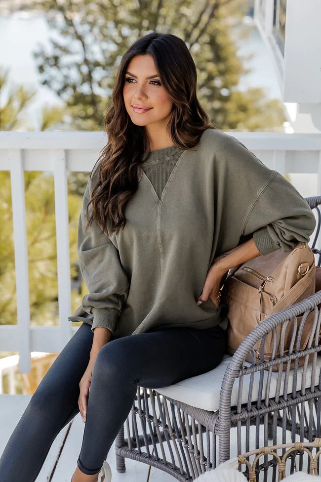 The Colors Of Fall Olive Acid Wash Pullover | Pink Lily