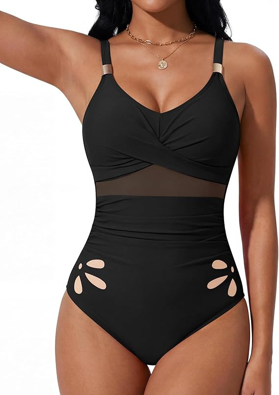 Women Tummy Control One Piece Swimsuit Petal Cutout with Inner Liner Bathing Suit Mesh Metal Swim... | Amazon (US)