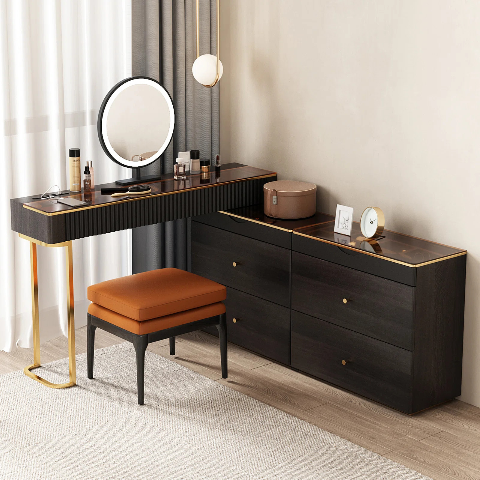Makeup Vanity Set,Power Outlet, Glass Top,Corner | Wayfair North America