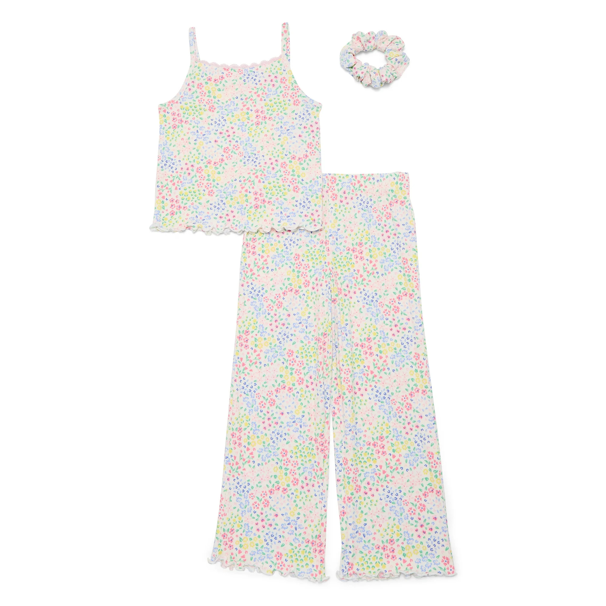 Wonder Nation Girls Pajama Tank Top and Pants with Scrunchie Set, 3-Piece, Sizes 4-18 | Walmart (US)