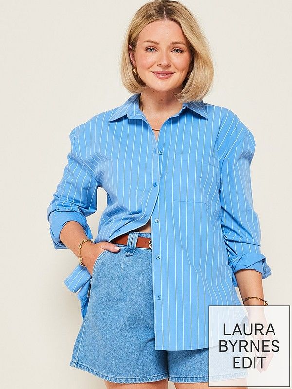 X Laura Byrnes Poplin Stripe Oversized Shirt - Blue | Very (UK)