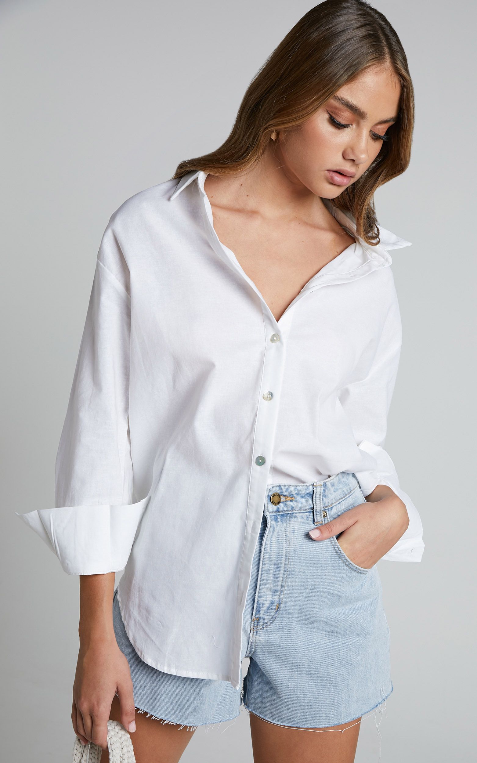 Estella Shirt - Relaxed Button Up Shirt with Wide Cuff in White | Showpo (US, UK & Europe)