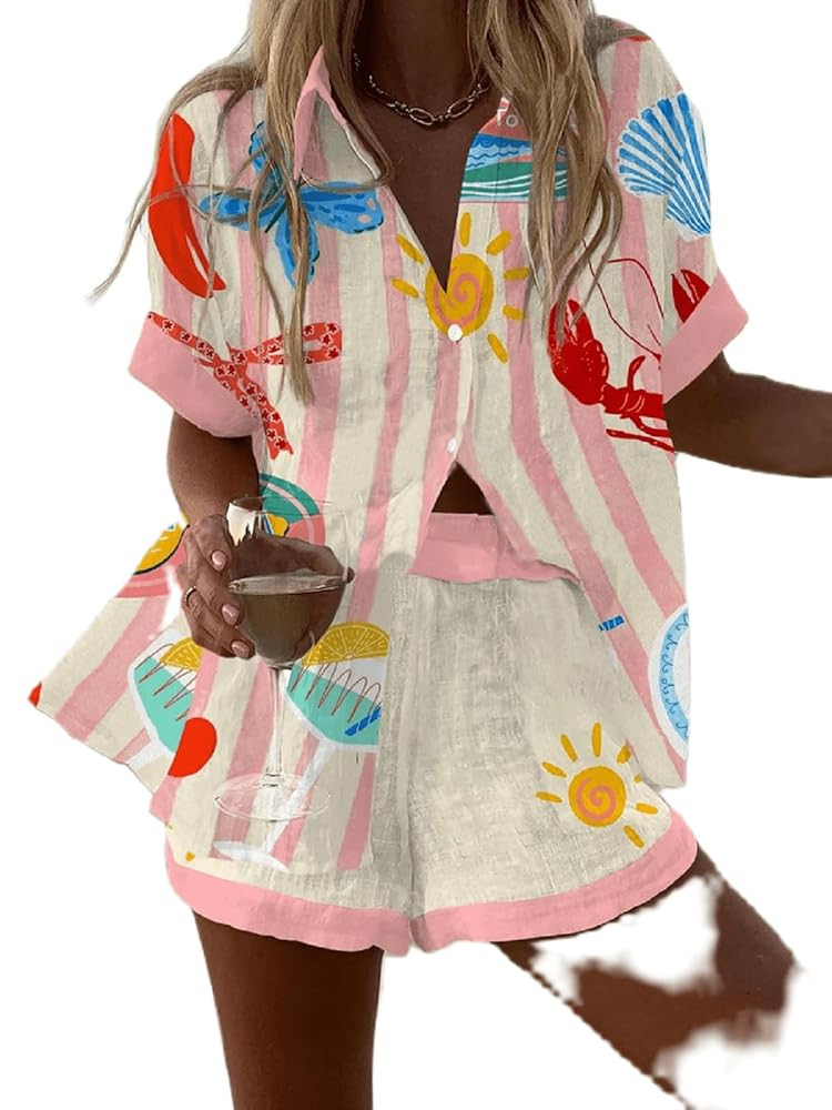 Women Graphic 2 Piece Outfit Short Sleeve Sun Print Button Up Shirt Drawstring Shorts Set Causal ... | Amazon (US)