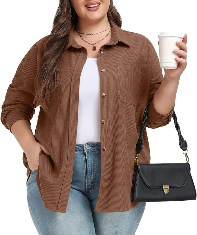 OLRIK Women's Plus Size Shacket Corduroy Jacket Long Sleeve Button Down Shirts Fall Loose Fit Coa... | Amazon (US)