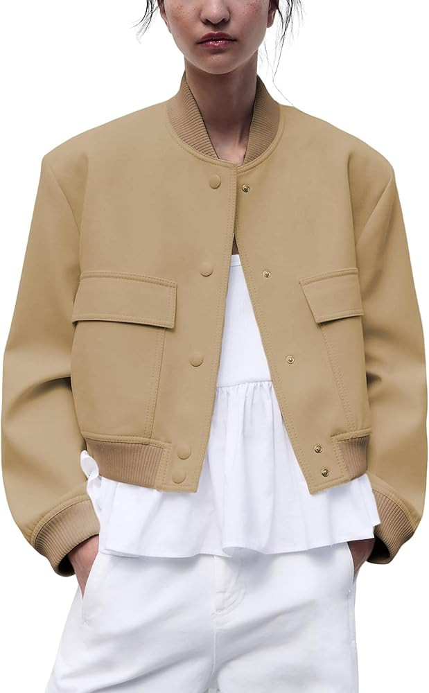 Womens Cropped Bomber Jacket Casual Button Down Long Sleeve Varsity Baseball Jackets with Pockets | Amazon (US)