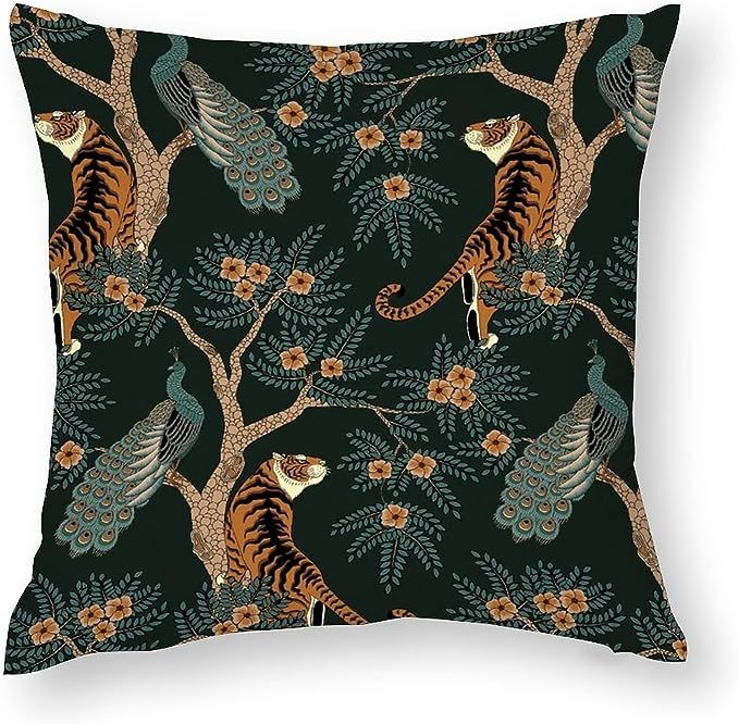 Opahxa5 Tiger and Peacock Throw Pillow Case Square Cozy Pillow Cover Home Decor for Living Room S... | Amazon (US)