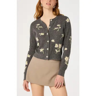 ASTR the Label Joy Floral Crewneck Cardigan in Charcoal Floral at Nordstrom, Size X-Small | Nordstrom