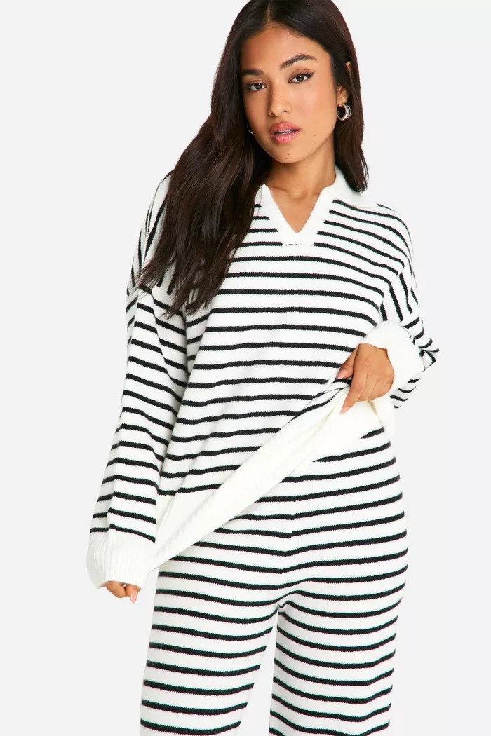 Petite Stripe Knitted Collared Jumper And Trouser Co Ord | Boohoo.com (UK & IE)