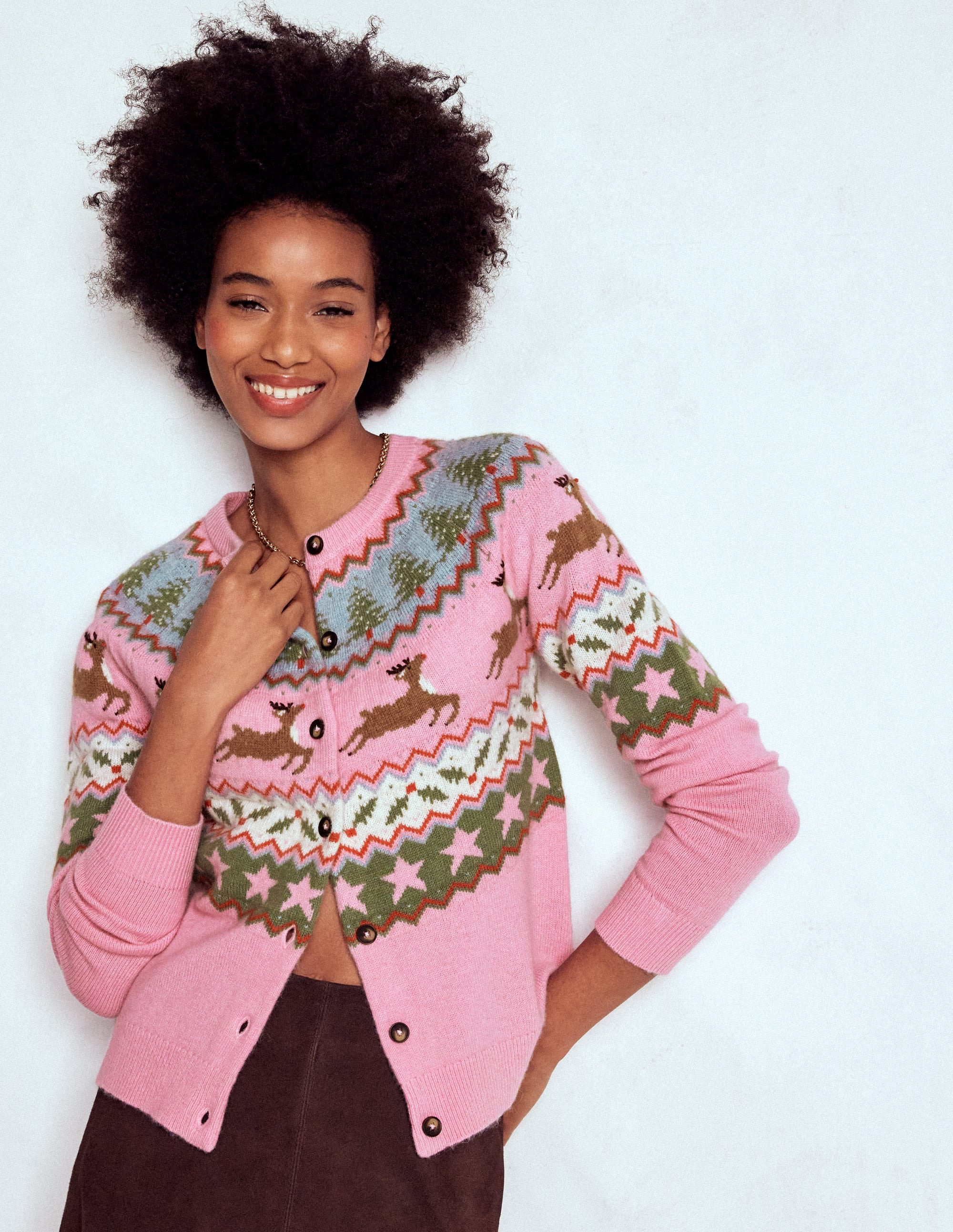 Edie Fair Isle Cardigan-Pink, Reindeer | Boden (US)