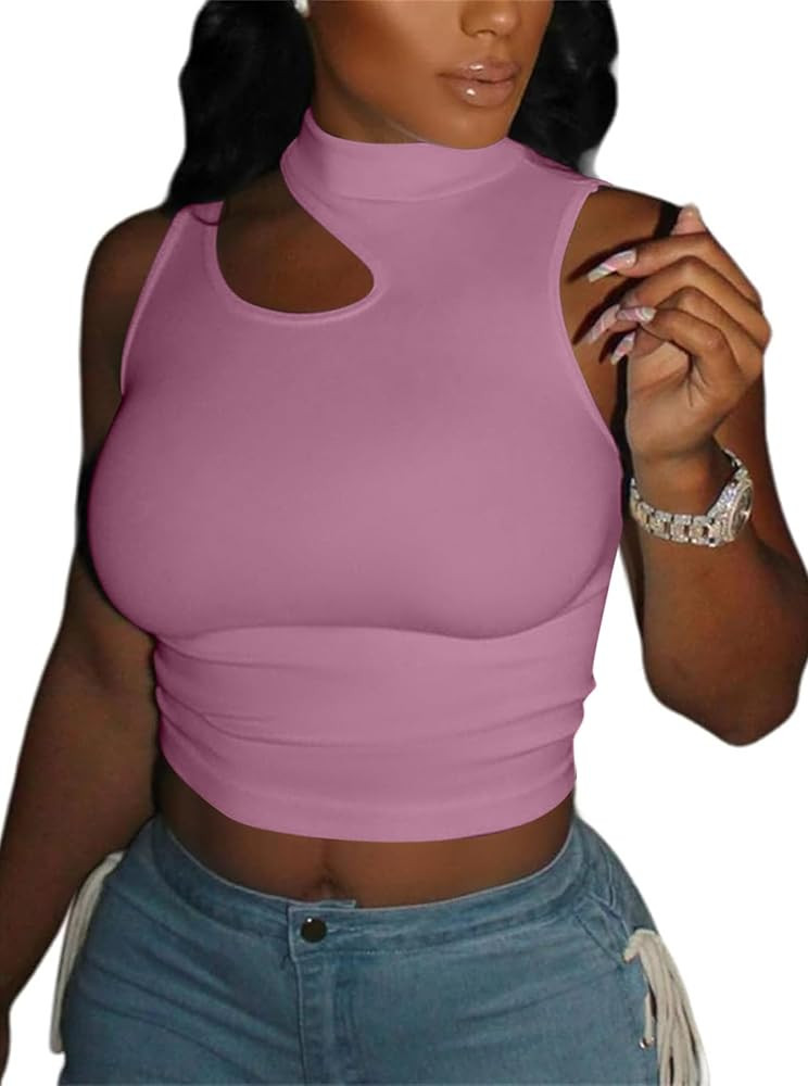 LovelyWholesale Crop Tops for Women Sexy Cut Out Tops Mock Neck Tank Top | Amazon (US)