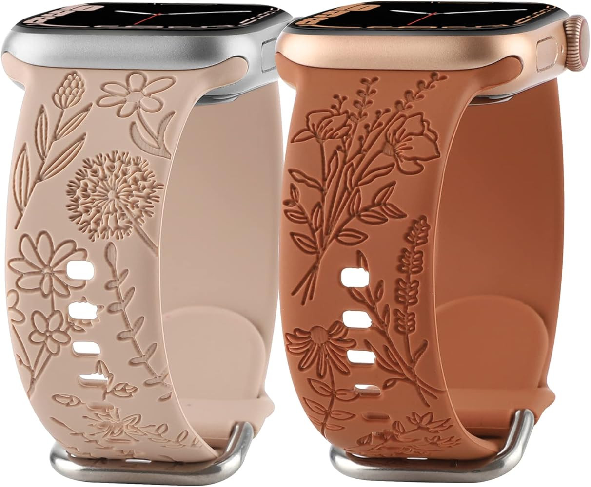 Flower Engraved Silicone Band Compatible with Apple Watch Bands 38mm 40mm 41mm, Cute Women Wildfl... | Amazon (US)
