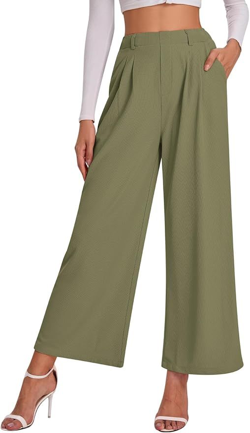 Bloggerlove Womens Casual Business Work Pants Fall Waffle High Waist Dress Pant Wide Leg Straight... | Amazon (US)