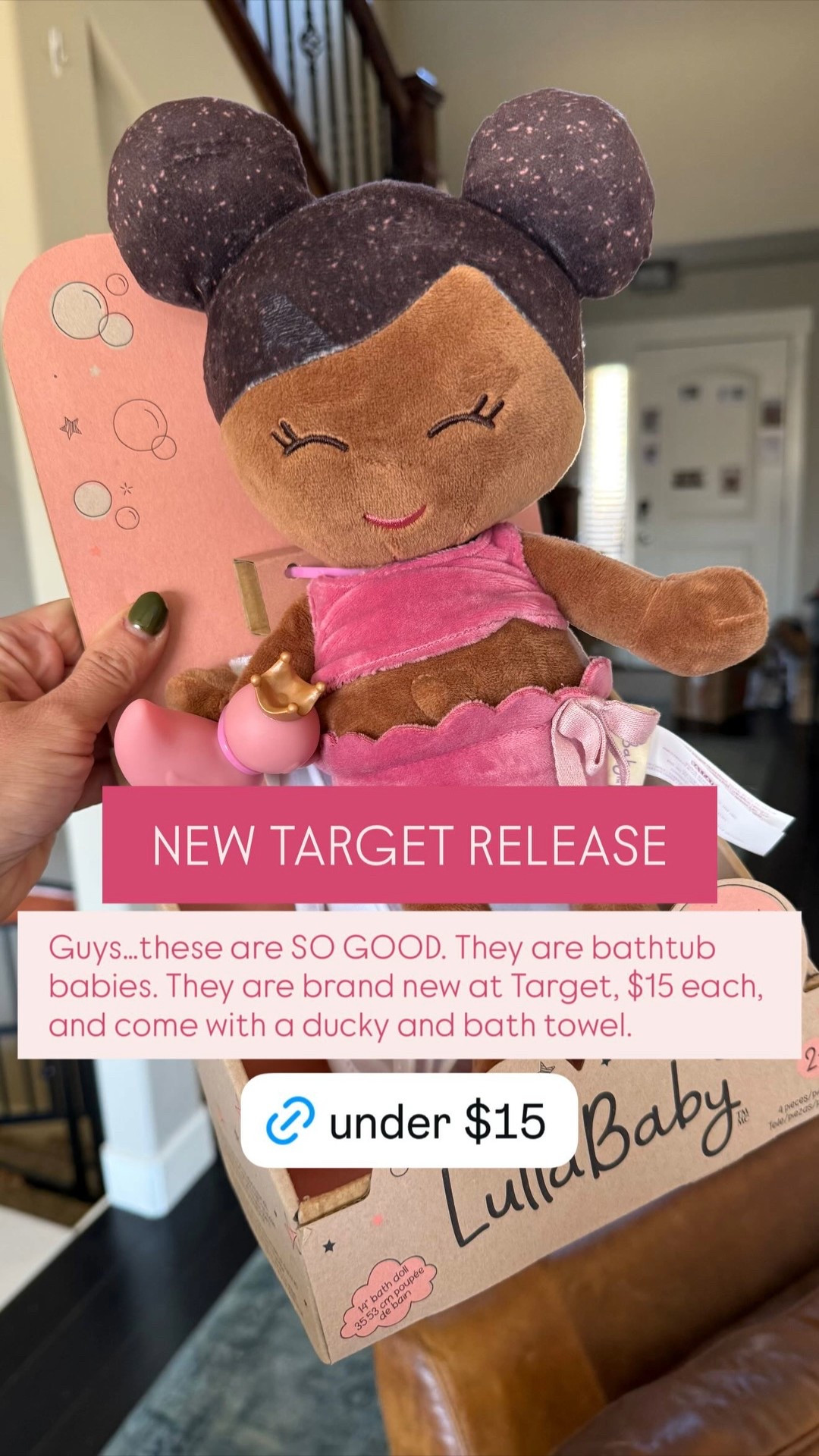 Guys…these are SO GOOD. They are bathtub babies. They are brand new at Target, $15 each, and come with a ducky and bath towel.  NEW TARGET RELEASE