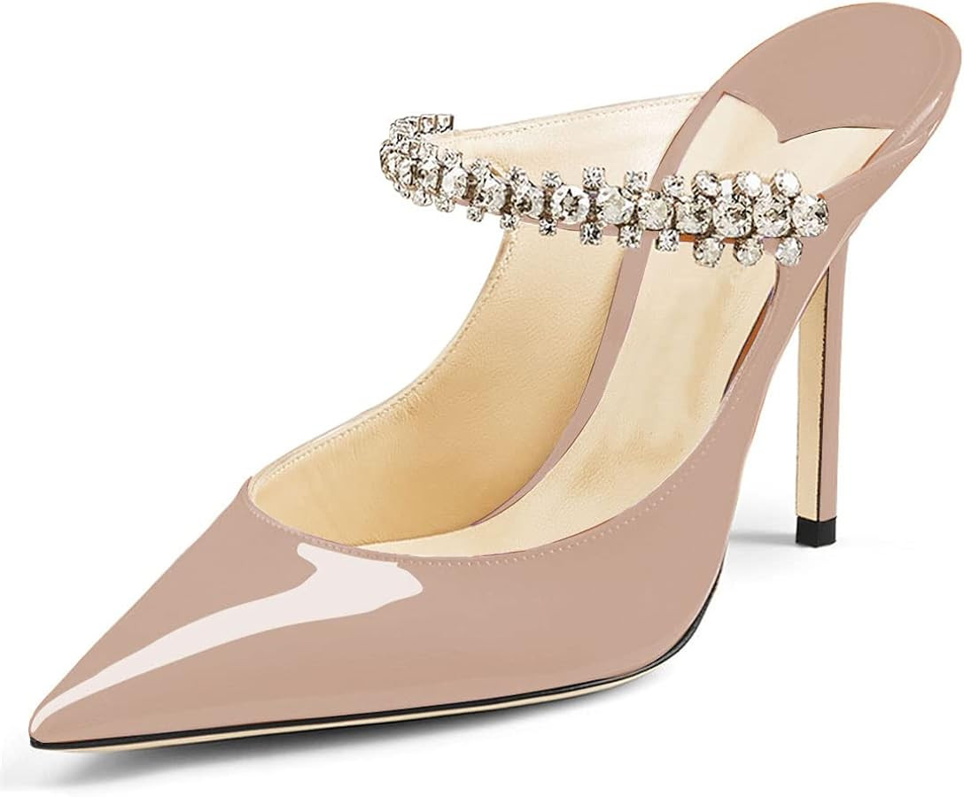 Jimishow Heeled Mules for Women with Rhinestone Stiletto Closed Toe 4 inches Kitten High Heels Sa... | Amazon (US)