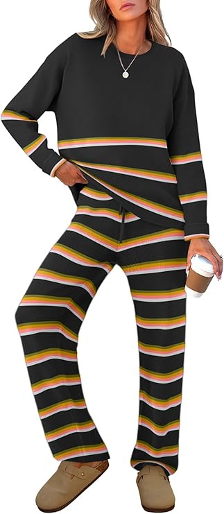 Caracilia Women's 2 Piece Outfits Sweater Sets Striped Oversized Sweaters Knit Wide Leg Pant Loun... | Amazon (US)